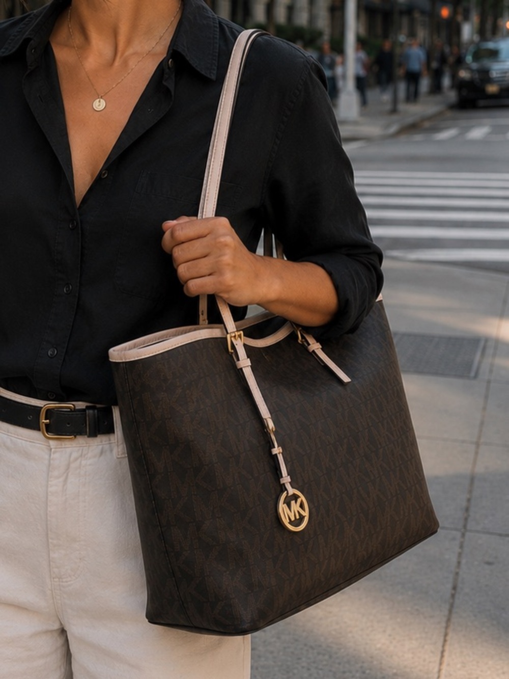 Michael Kors Signature Brown Tote Bag with Cream Trim